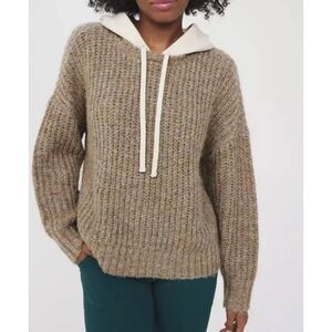 Aerie Offline Knit Hooded Pullover Sweater size L Tan Cream Gray